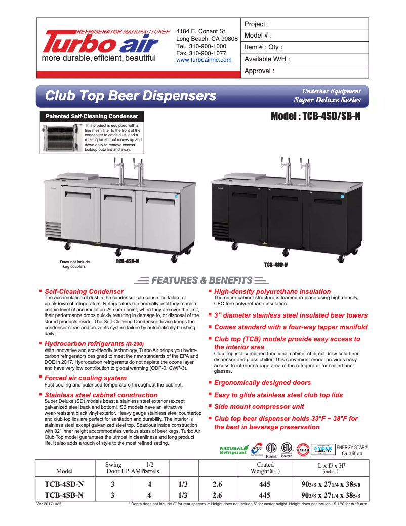 Page 1 of the manual Technical Sheet Turbo air TCB-4SD