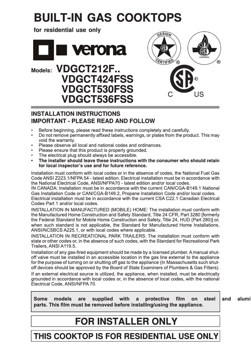Page 1 of the manual Installation Guide Verona VECTWO207