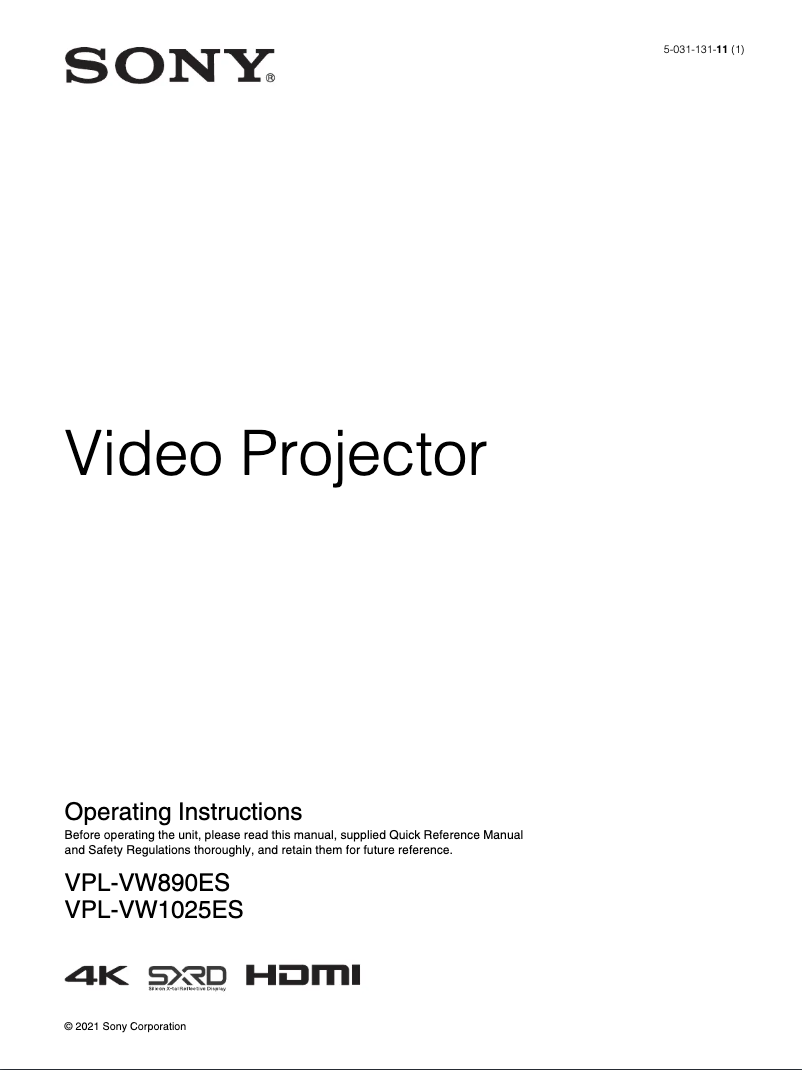 First page image of the manual for VPL-VW890ES