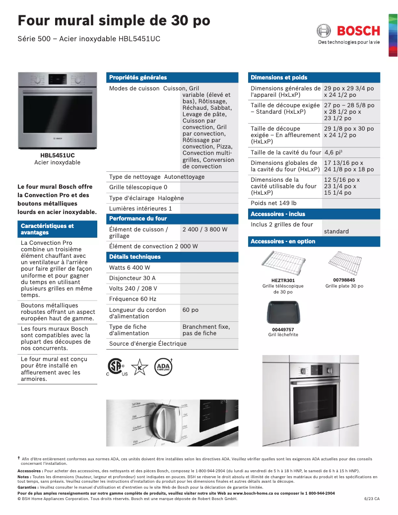 Page 1 of the manual Technical Sheet Bosch HBL5451UC
