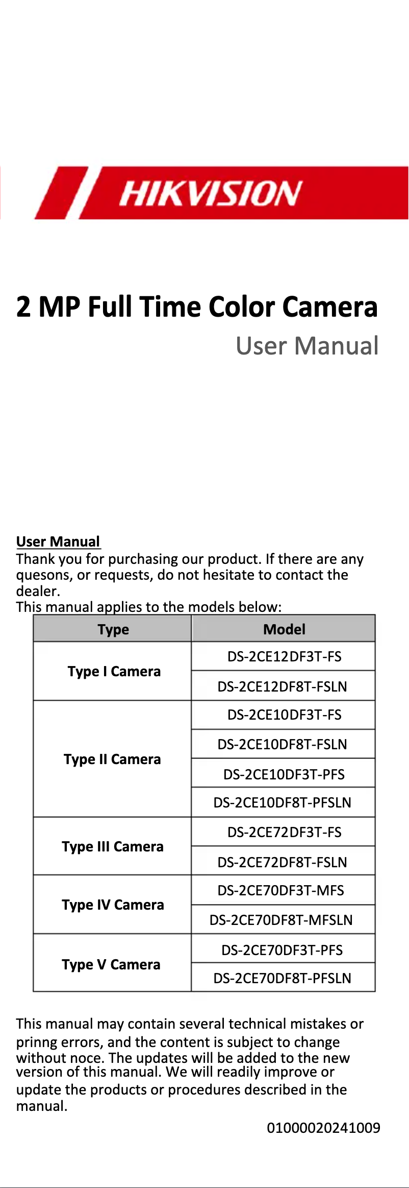 First page image of the manual for DS-2CE10DF3T-PFS