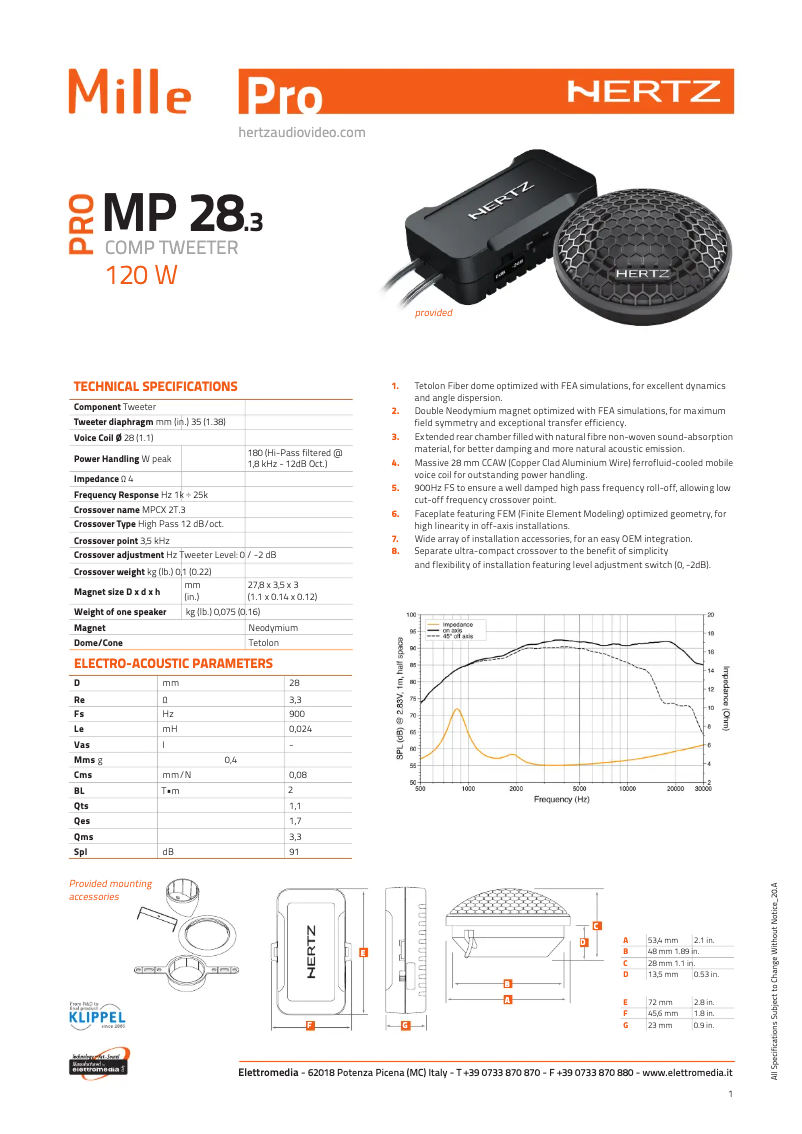 Page 1 de la notice Fiche technique Hertz Mille Pro MP28.3PRO