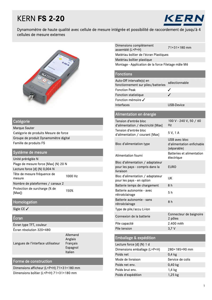 Page 1 of the manual Technical Sheet Kern FS 2-20