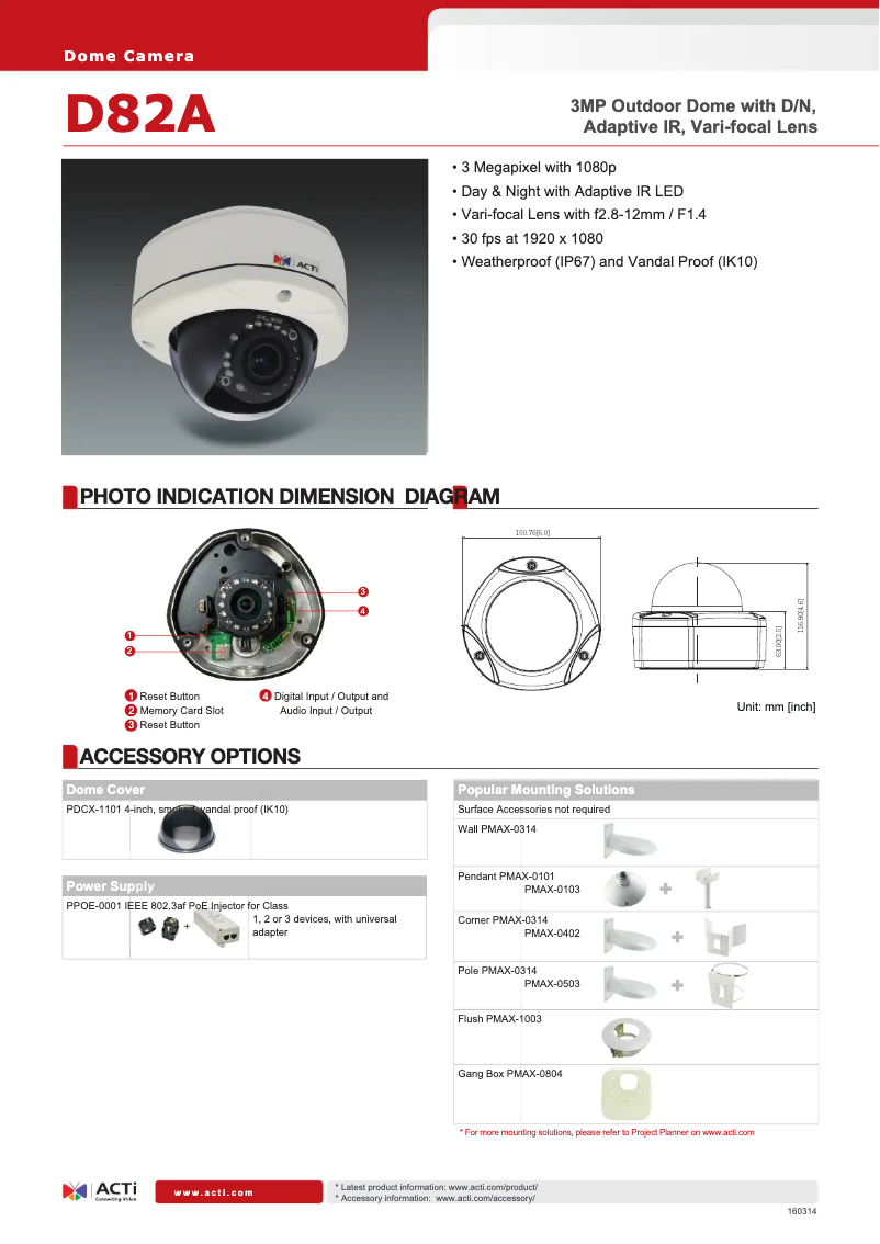 Page 1 of the manual Technical Sheet ACTi D82A