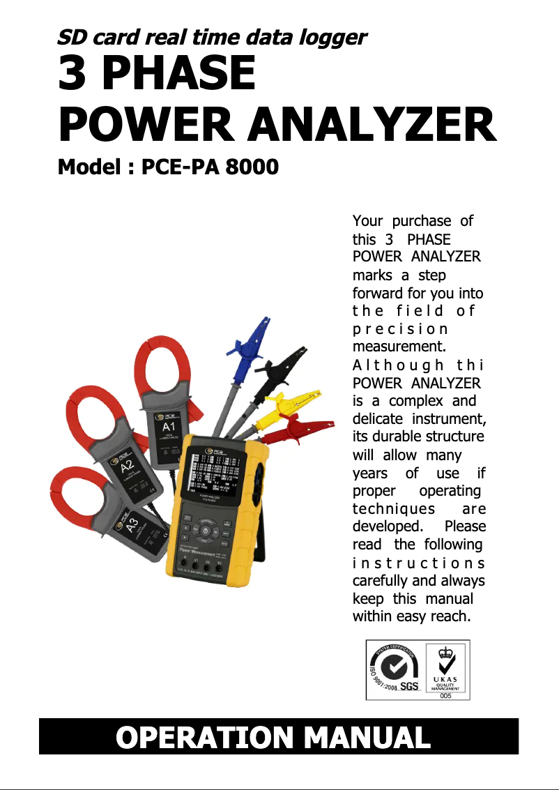 Page 1 of the manual User Manual PCE Instruments PCE-PA 8000
