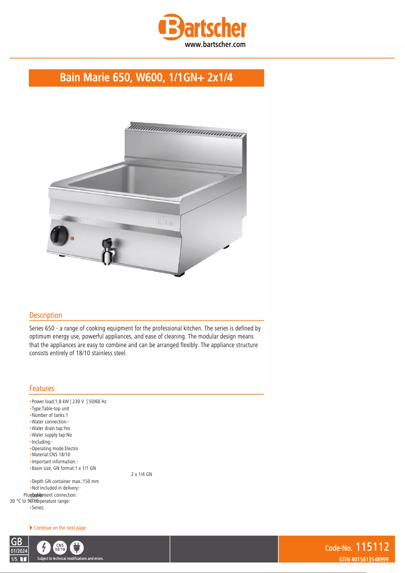 Page 1 of the manual Technical Sheet Bartscher 115112