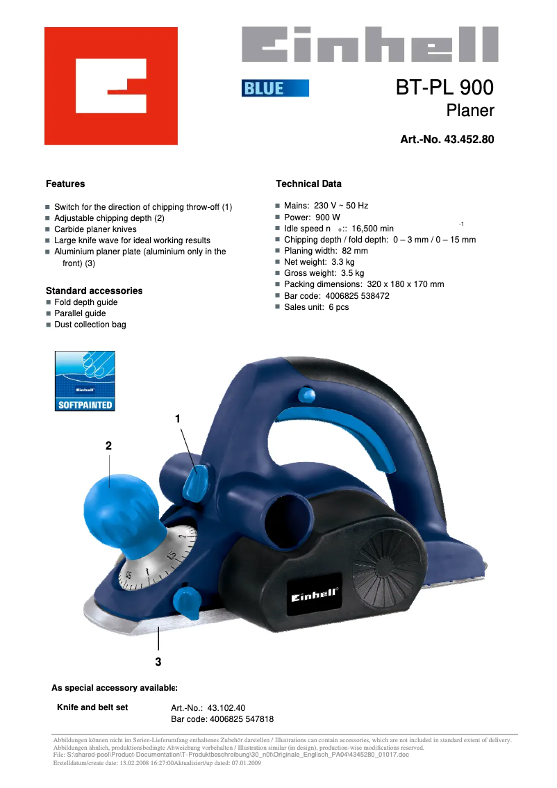 Page 1 of the manual User Manual Einhell BT-PL 900
