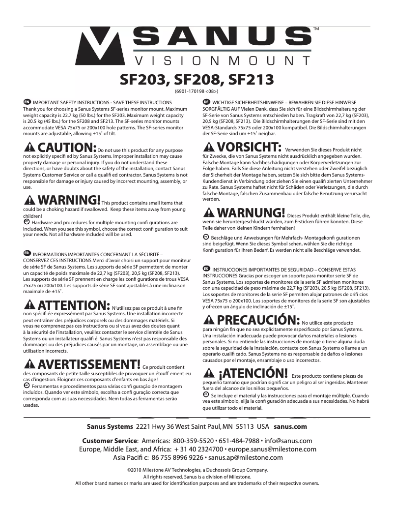 Page 1 of the manual User Manual Sanus VisionMount SF213