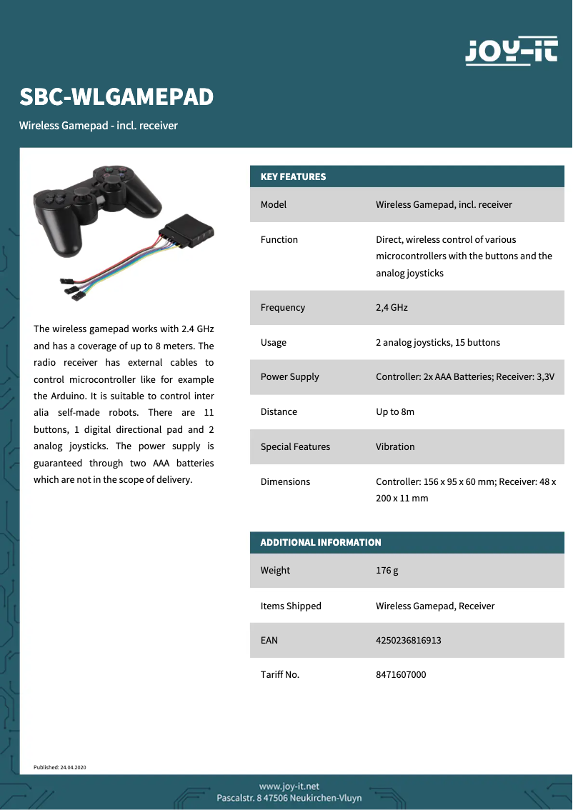 Page 1 de la notice Fiche technique Joy-It SBC-WLGamepad