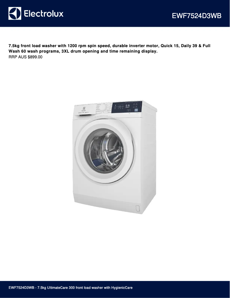 Page 1 of the manual Technical Sheet Electrolux EWF7524D3WB