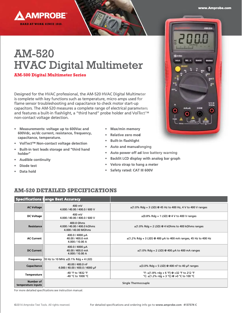 Page 1 of the manual Technical Sheet Amprobe AM-520