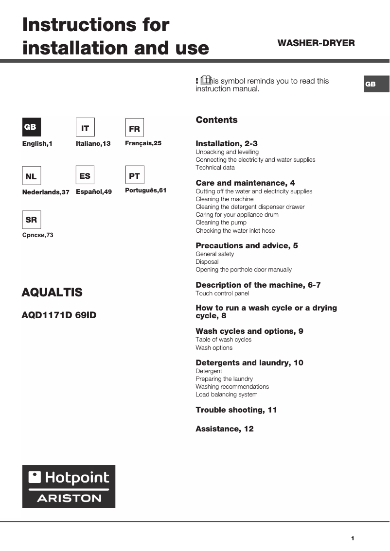 Page 1 of the manual User Manual Hotpoint Ariston Aqualtis AQD1171D 697ID EU