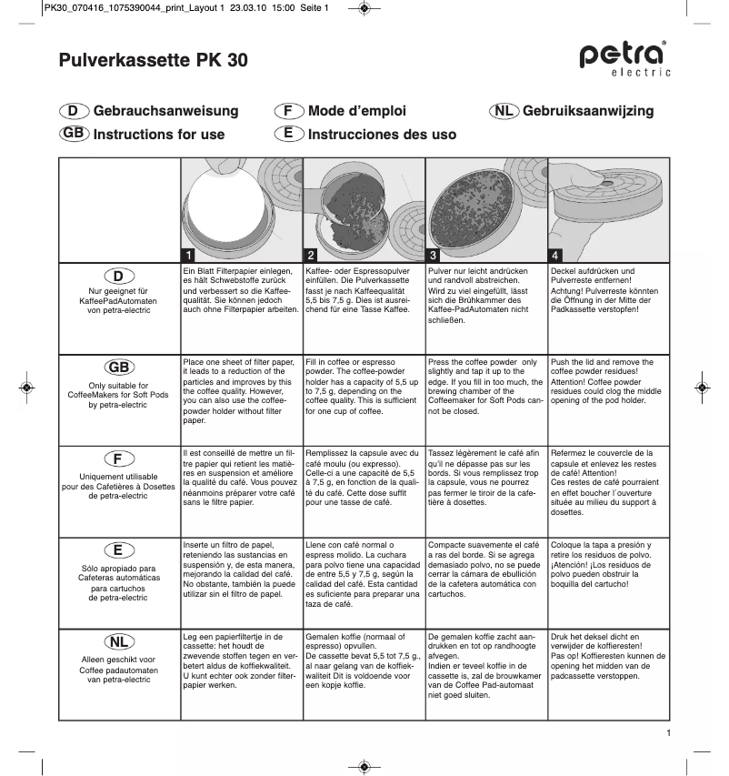 First page image of the manual for PK 30