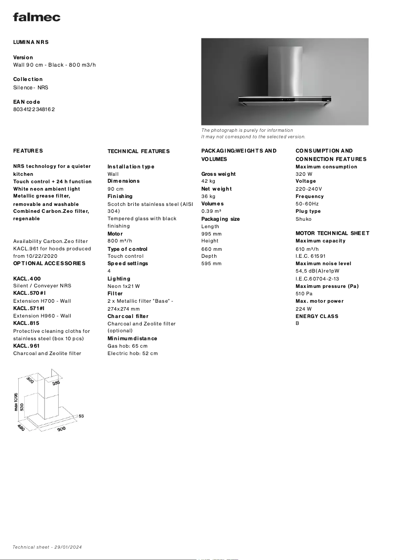 Page 1 of the manual Technical Sheet Falmec Lumina NRS