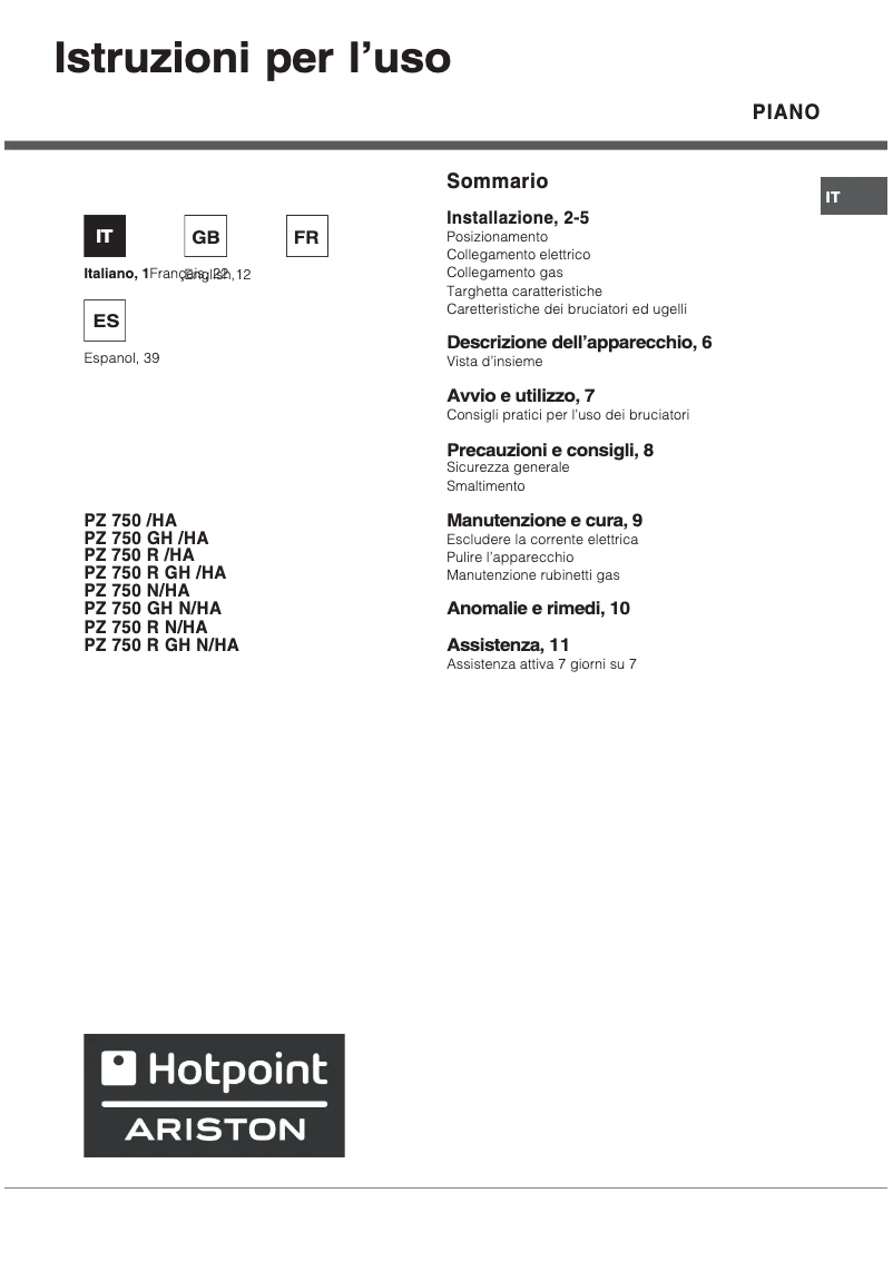 Page 1 of the manual User Manual Hotpoint PZ 750 R GH N/HA