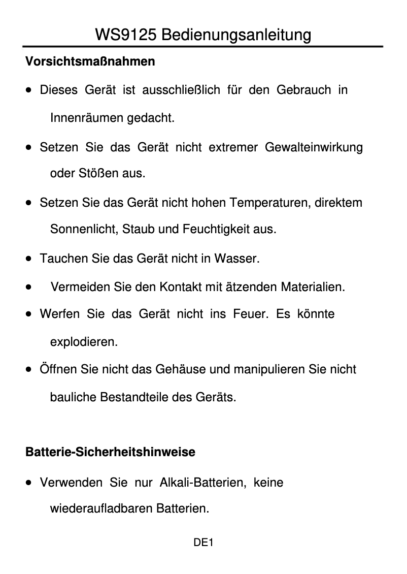 First page image of the manual for WS 9125