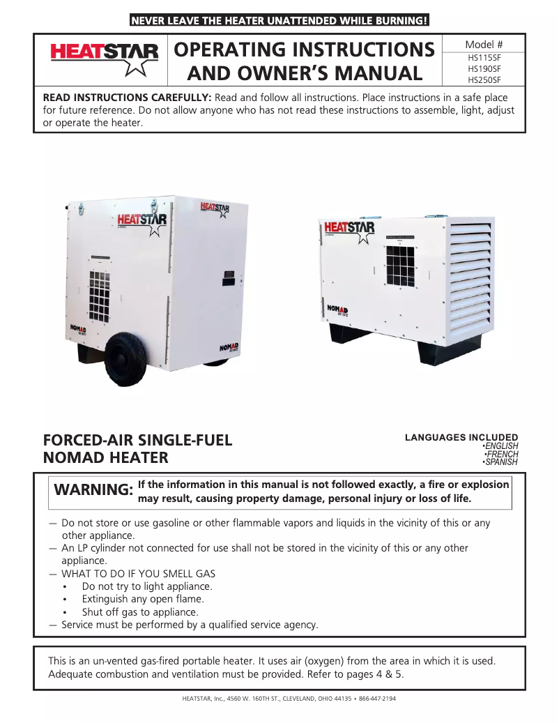 First page image of the manual for Nomad HS190SF