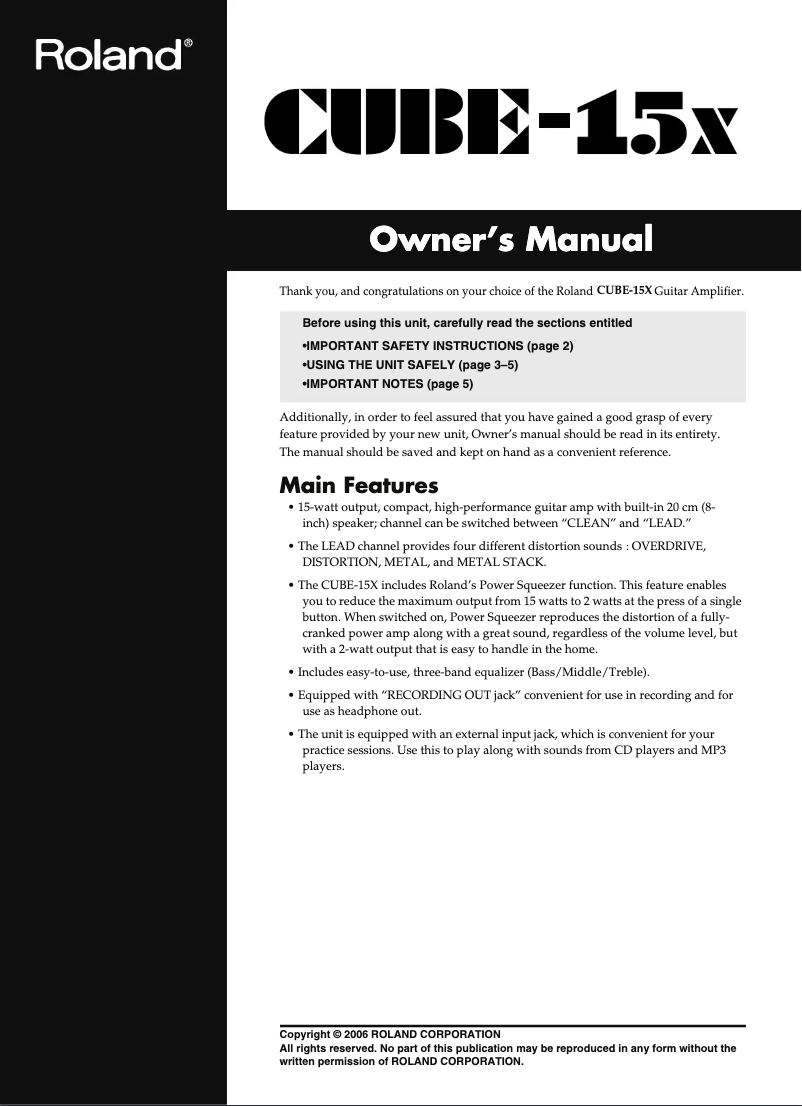 First page image of the manual for CUBE-15X