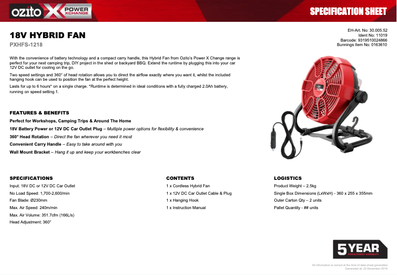 Page 1 de la notice Fiche technique Ozito PXHFS-1218