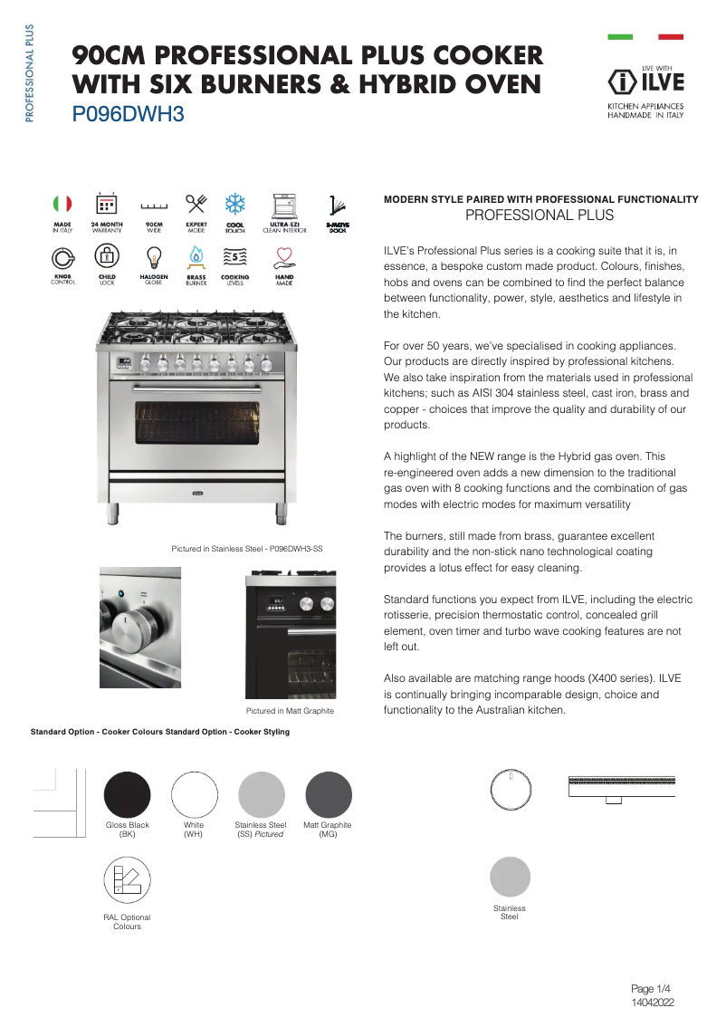 Page 1 of the manual Technical Sheet Ilve P096DWH3SS