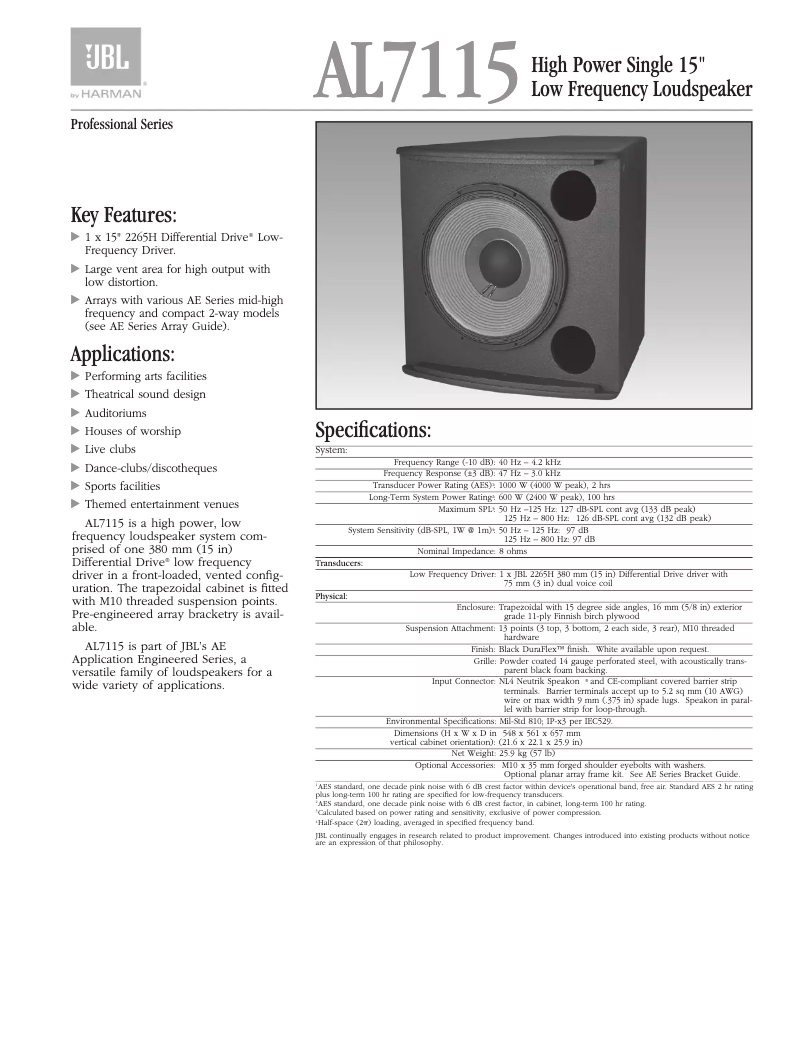 Page 1 of the manual User Manual JBL AL7115