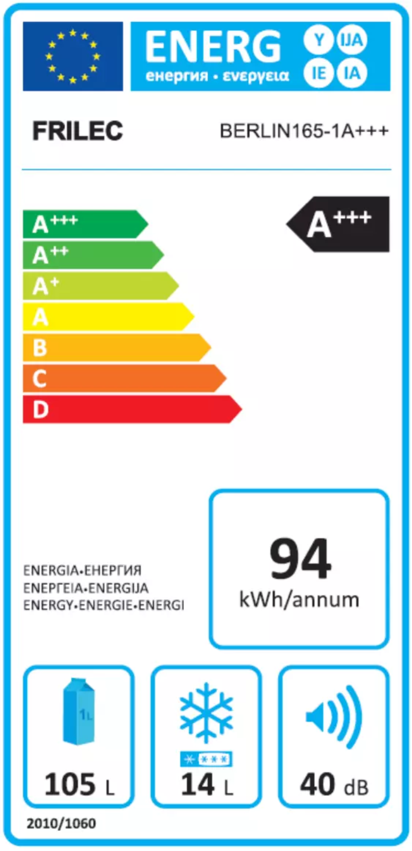 Page 1 of the manual Energy Label Frilec BERLIN165-1A+++