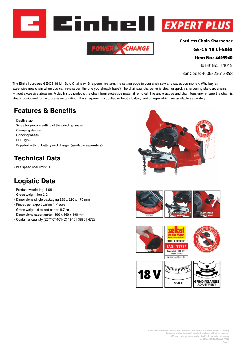 Page 1 of the manual Technical Sheet Einhell GE-CS 18 Li-Solo