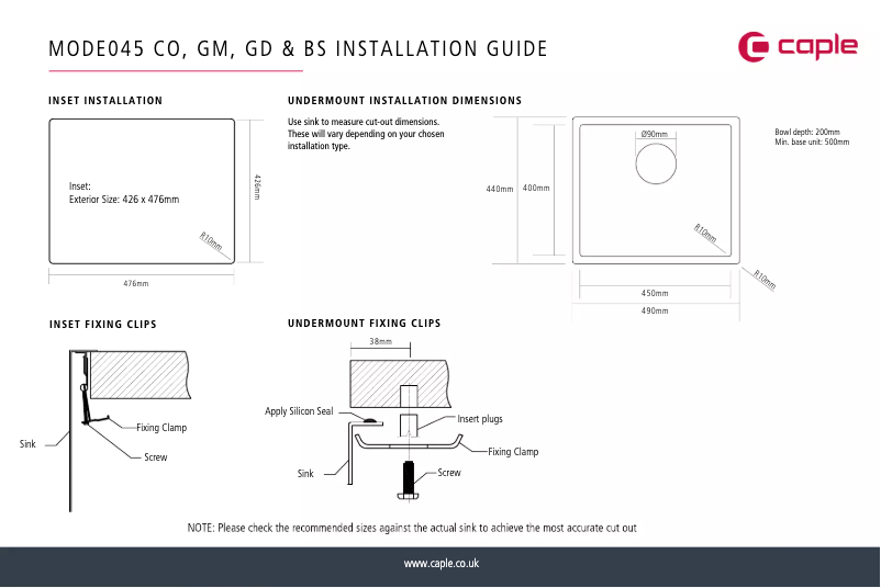 Page 1 of the manual Installation Guide Caple MODE045
