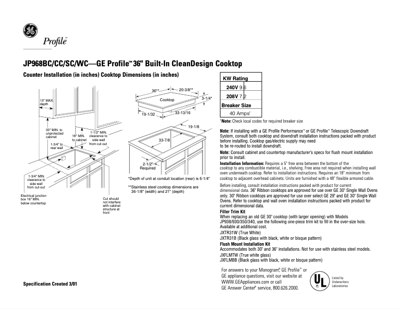 Page 1 of the manual Technical Sheet GE Profile JP968WCWW