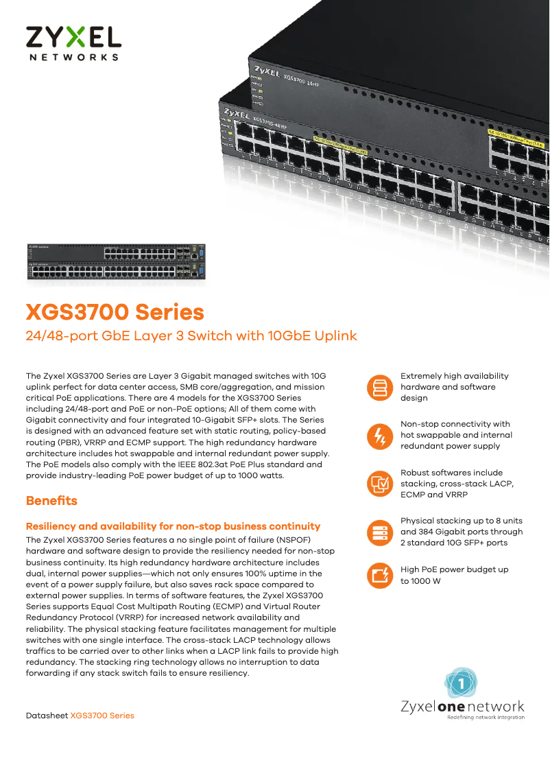 Page 1 of the manual Technical Sheet ZyXEL XGS3700-48HP