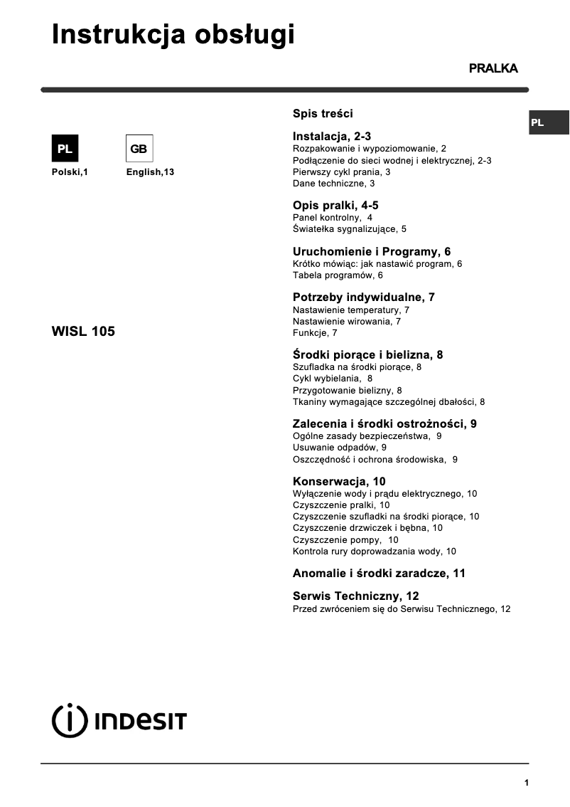 Page 1 of the manual User Manual Indesit WISL 105 (PL) (V)