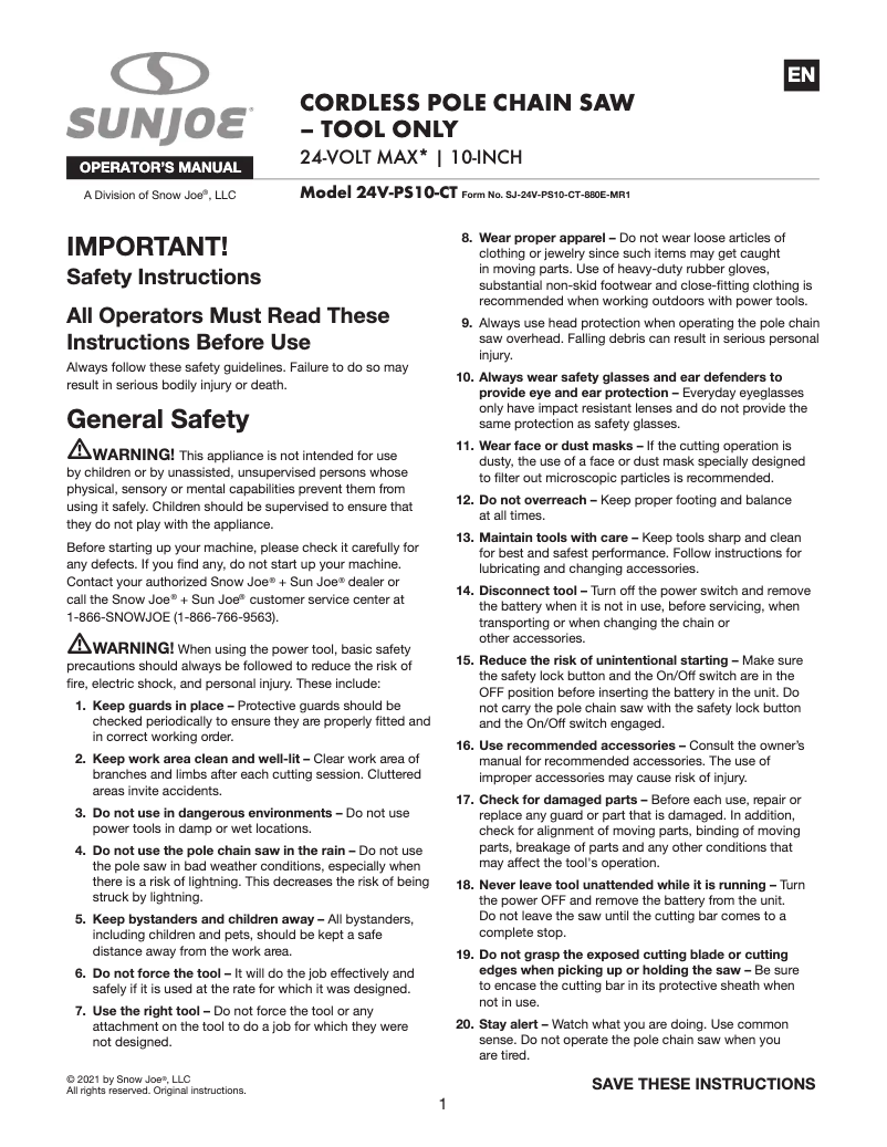 Page 1 of the manual User Manual Sun Joe 24V-PS10-CT