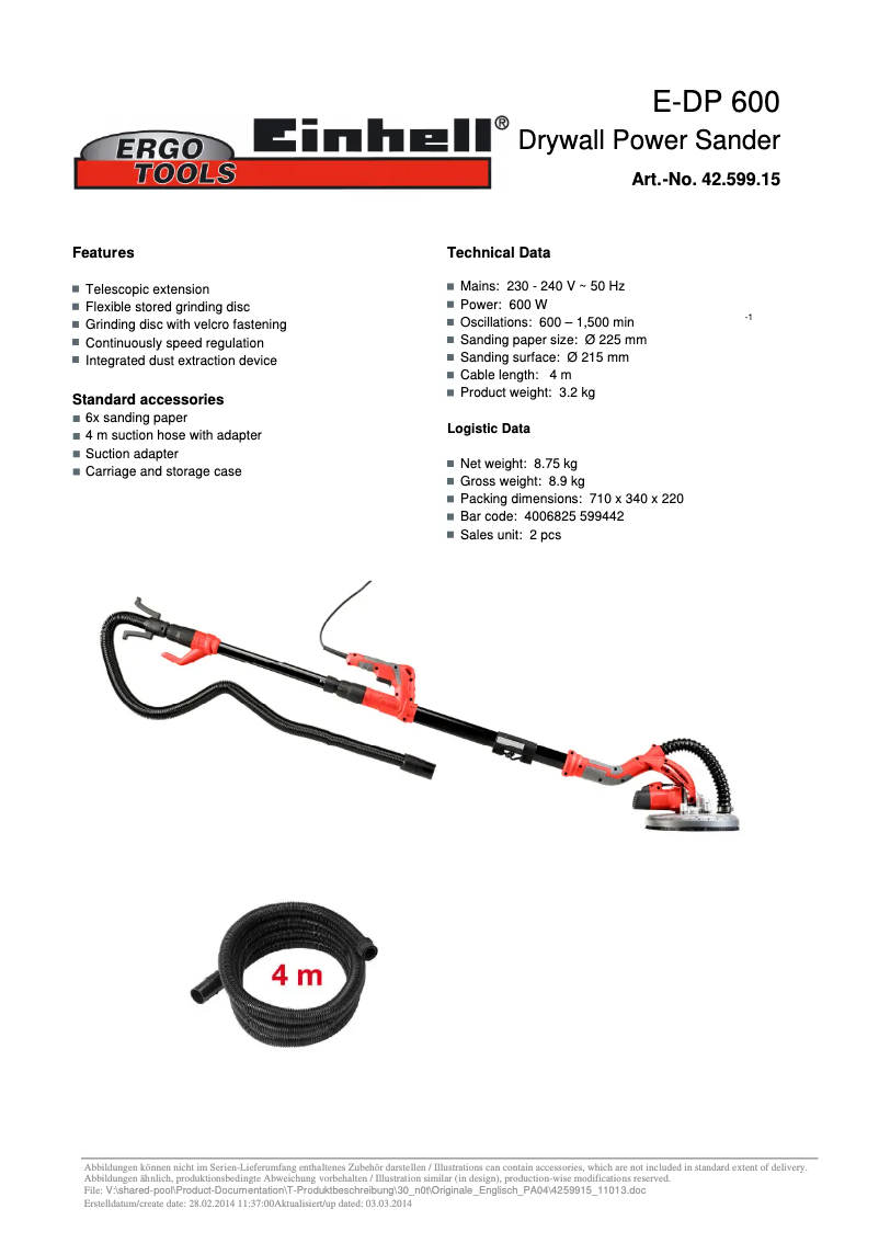 Page 1 of the manual Technical Sheet Einhell E-DP 600