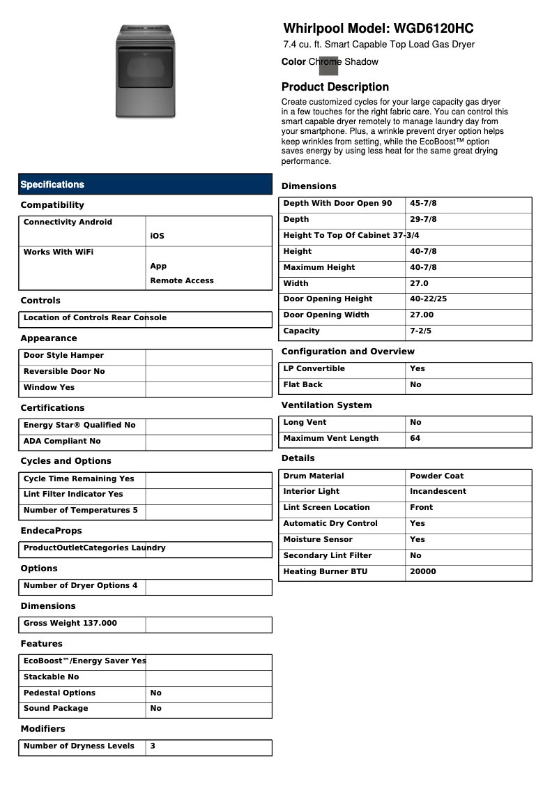 Page 1 of the manual Technical Sheet Whirlpool WGD7120HC