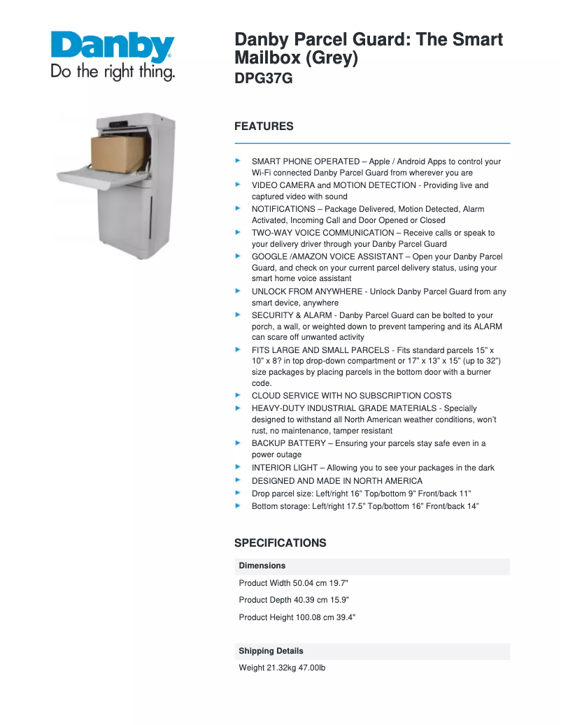 Page 1 of the manual Technical Sheet Danby DPG37G