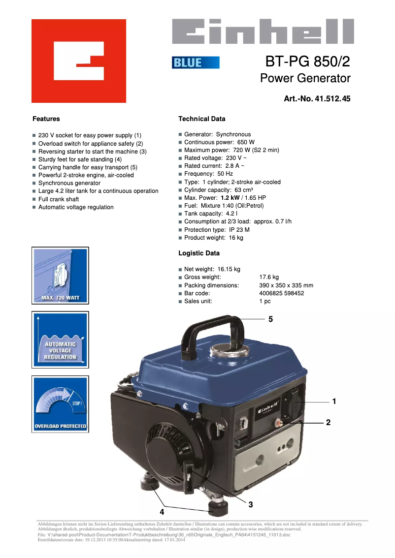 Page 1 of the manual User Manual Einhell BT-PG 850/2