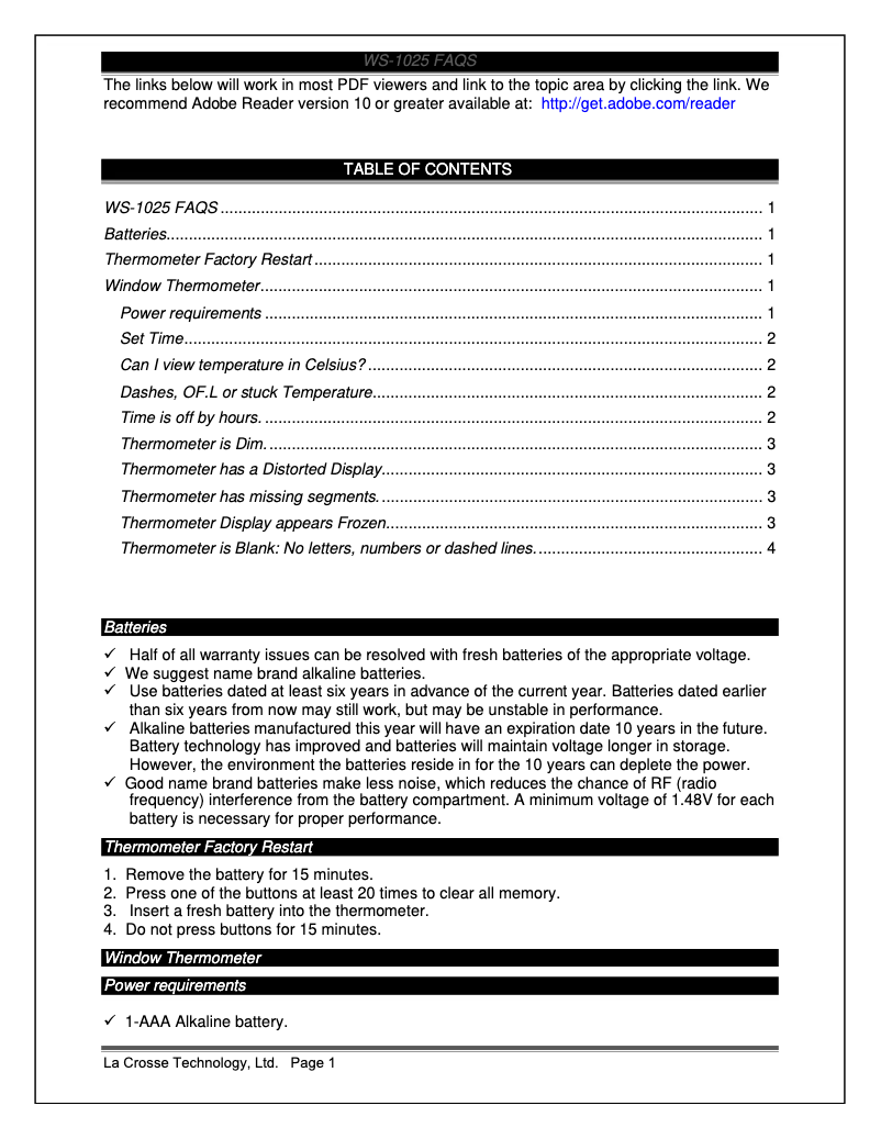 Page 1 of the manual FAQ La Crosse Technology WS-1025