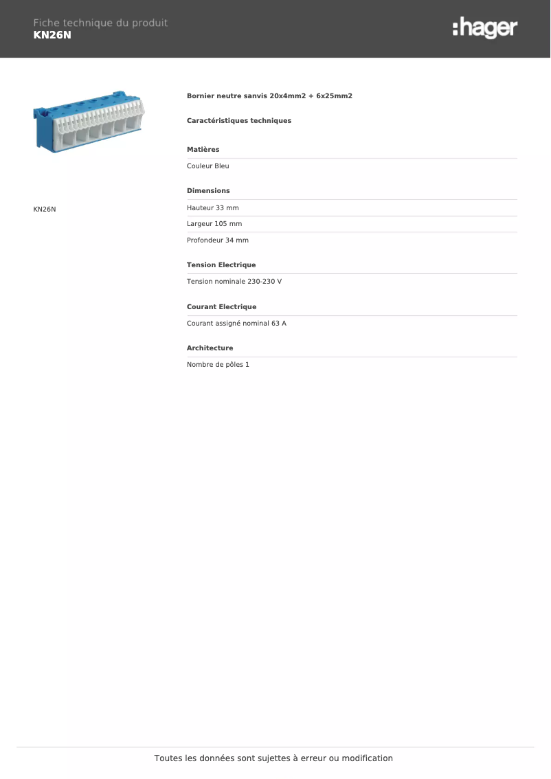 Page 1 of the manual Technical Sheet Hager KN26N