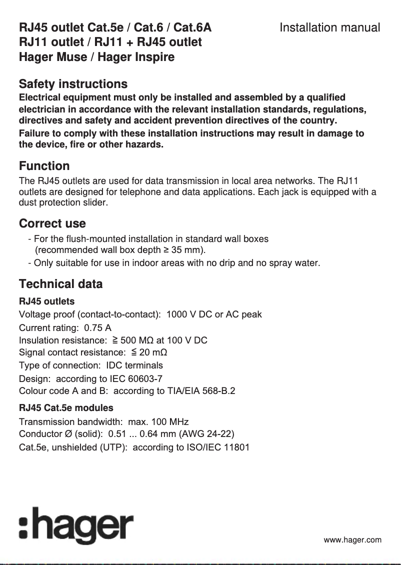 Page 1 of the manual User Manual Hager WGCT1RJ6NM