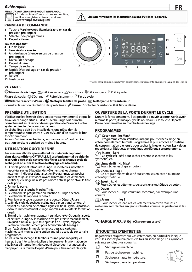 Page 1 of the manual User Manual Whirlpool FFT M22 8X2BS BE