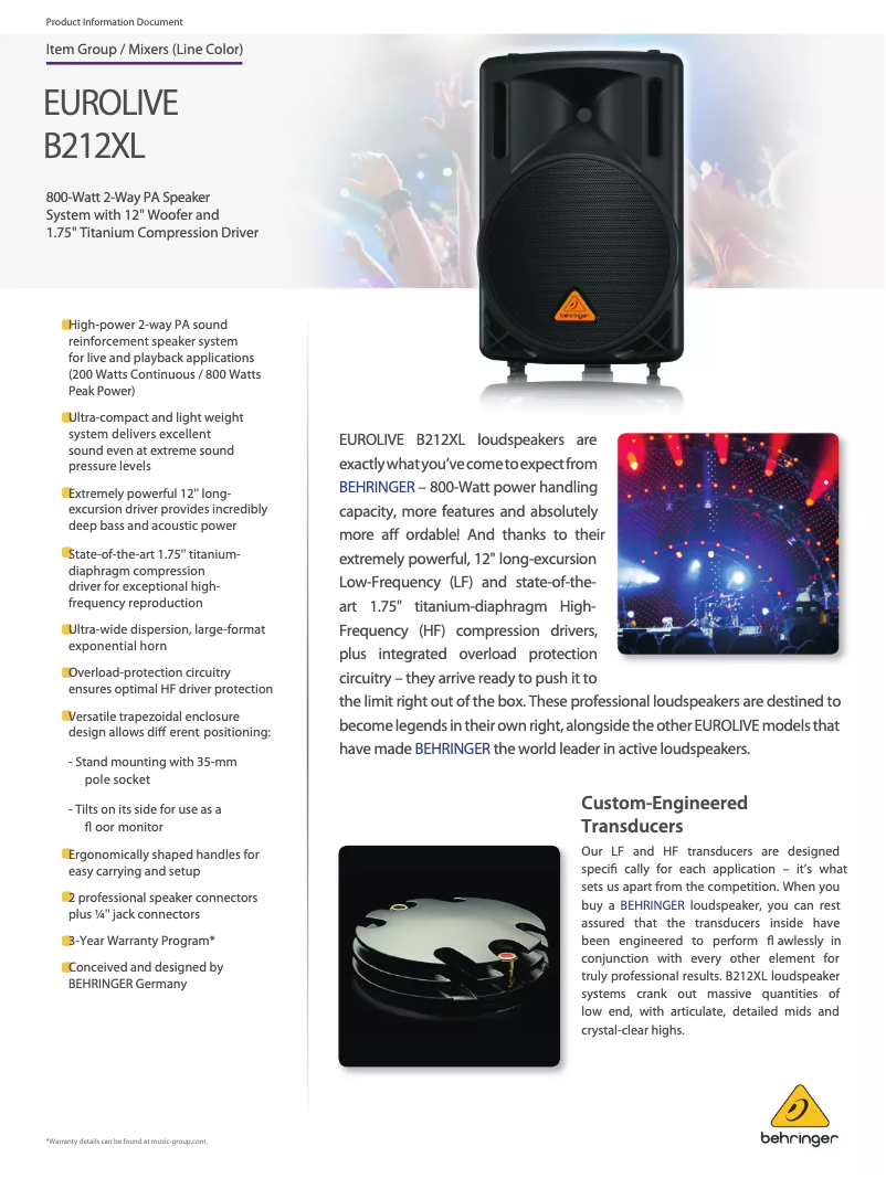 Page 1 of the manual Technical Sheet Behringer Eurolive B212XL