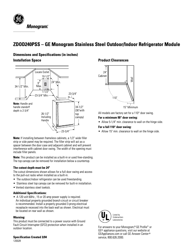 Page 1 of the manual Technical Sheet GE ZDOD240PSS