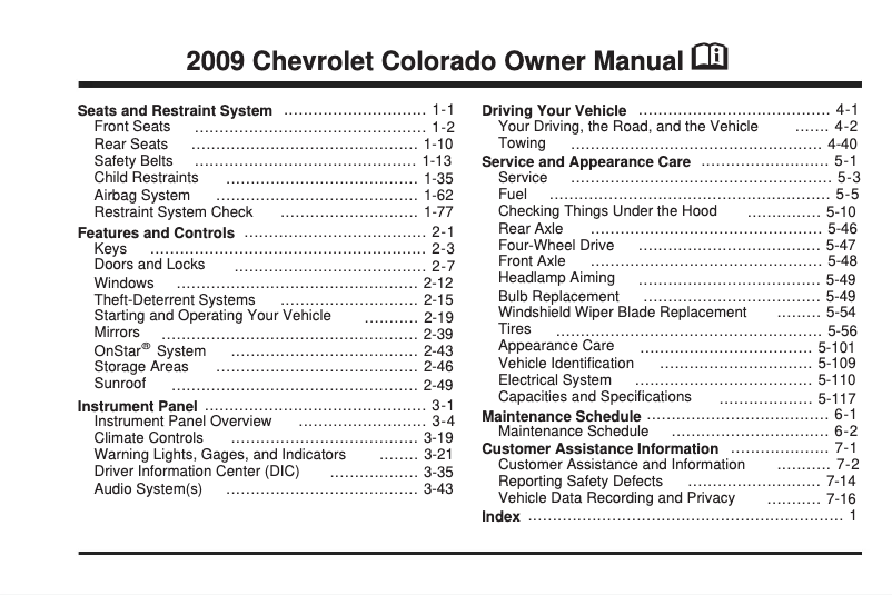 Page 1 of the manual User Manual Chevrolet Colorado (2009)