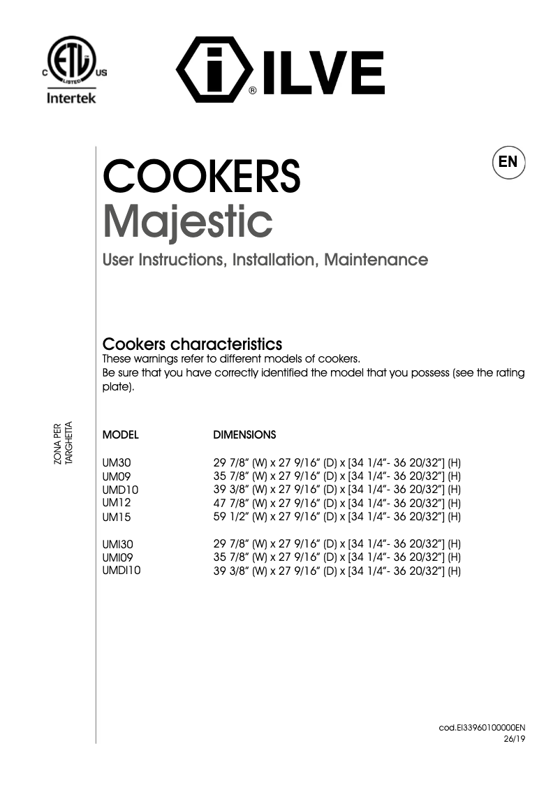 Page 1 of the manual Use and Maintenance Manual Ilve UMI30NE3WHP