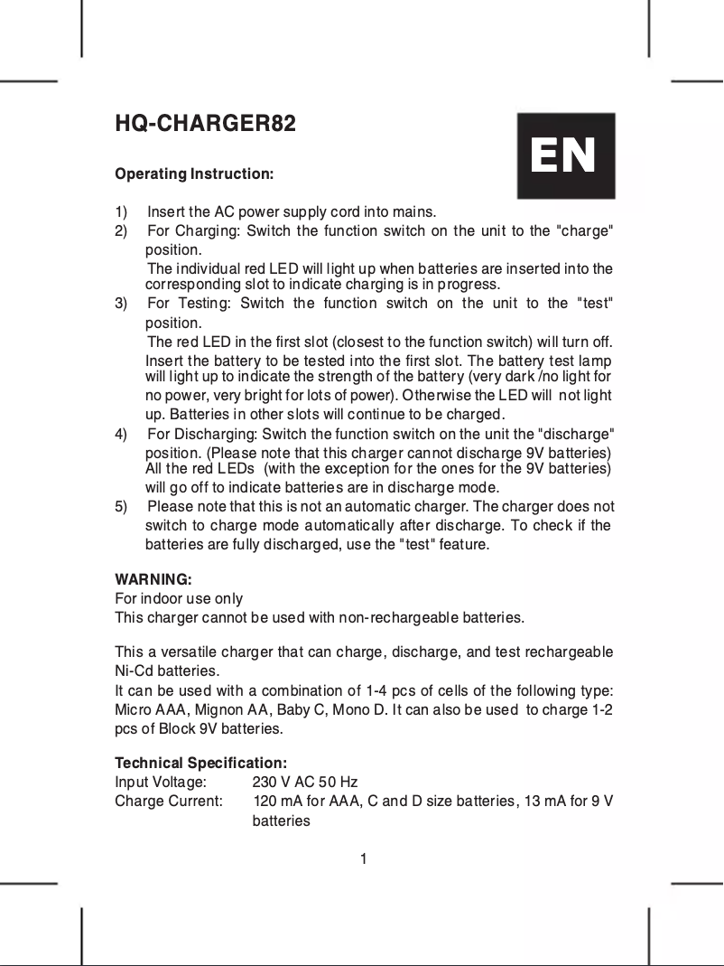 Page 1 of the manual User Manual HQ CHARGER82
