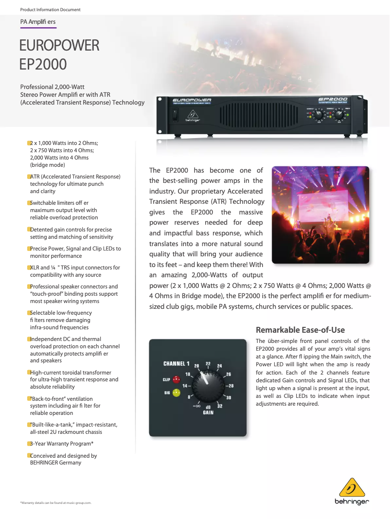 Page 1 of the manual Technical Sheet Behringer Europower EP2000