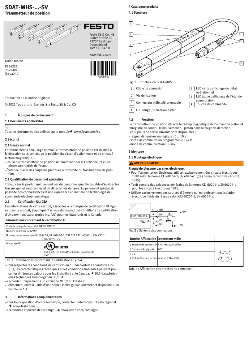 Page 1 of the manual Quick Start Guide Festo SDAT-MHS-M160-1L-SV-E-0.3-M8