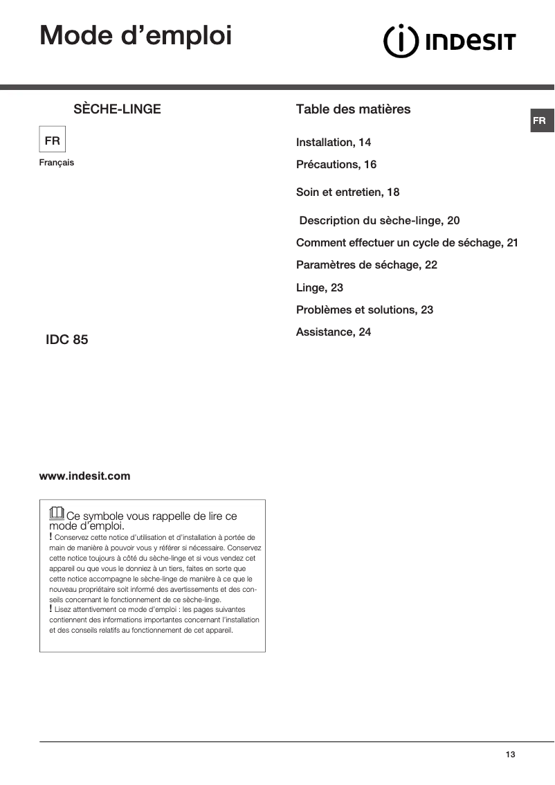 Page 1 of the manual User Manual Indesit IDC 85 B EU