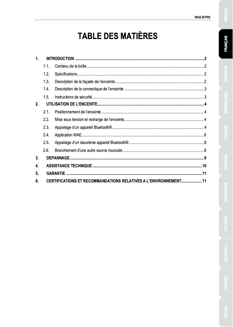 Image de la première page du manuel de l'appareil WAE BTP05
