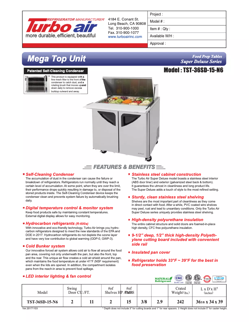 Page 1 of the manual Technical Sheet Turbo air TST-36SD-15